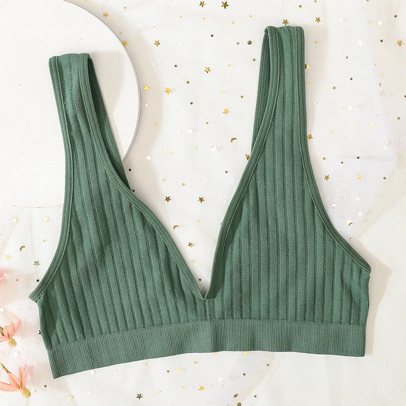 CowLost | push-up-bras-for-women-seamless-ribbed-deep-v-bralette-unlined-sexy-lingerie-wireless-crop-top-s-xl-plunge-sports-underwear |3
