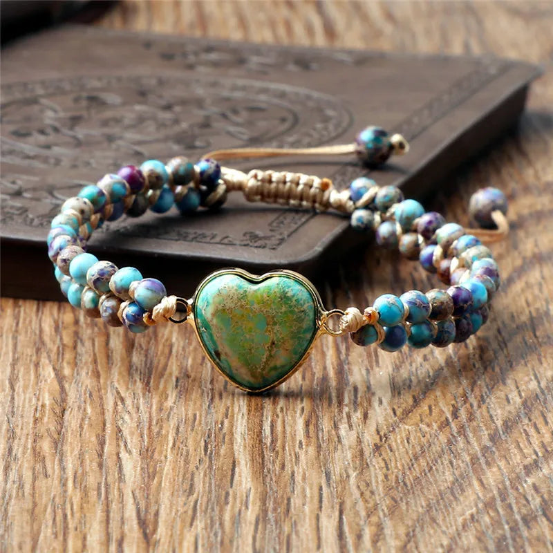 CowLost | badge-pass-holders-natural-stone-heart-shape-charm-bracelet-unisex-adjustable |15