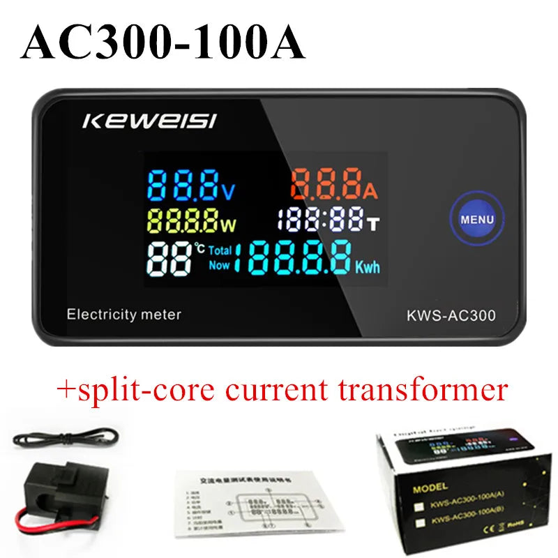 KWS-AC300 AC 50-300V Digital Voltmeter Ammeter Power Energy Meter with Reset 0-100A