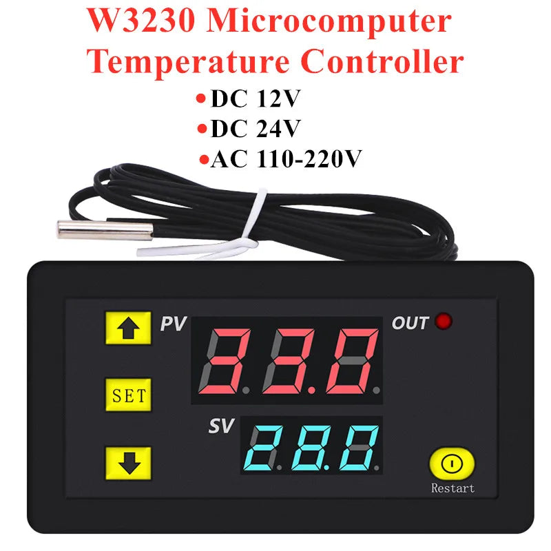 W3230 Digital Temperature Controller Thermostat 12V/24V/AC110-220V LED Display Waterproof Heat/Cool Control