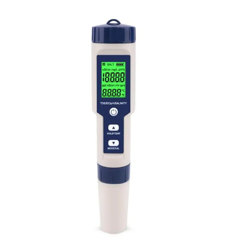 5-in-1 EC TDS Salinity Temperature pH Water Quality Tester with ATC for Food, Beverages, Aquarium, Seawater