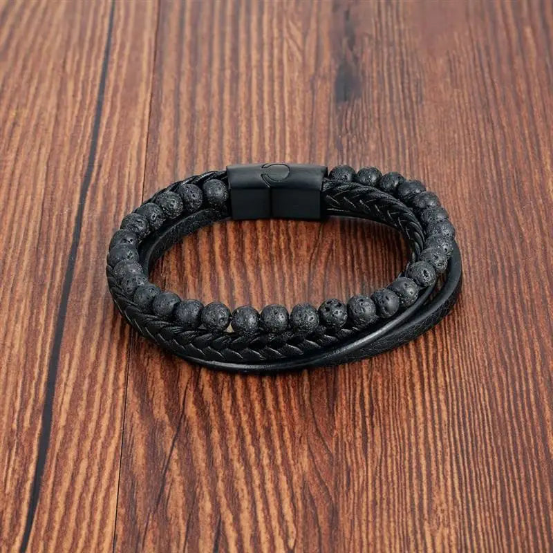 CowLost | fashion-volcanic-stone-beaded-mutilayer-leather-bracelet-for-men |11