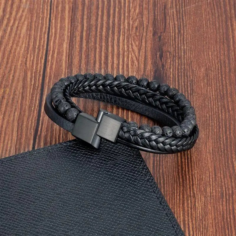 CowLost | fashion-volcanic-stone-beaded-mutilayer-leather-bracelet-for-men |13