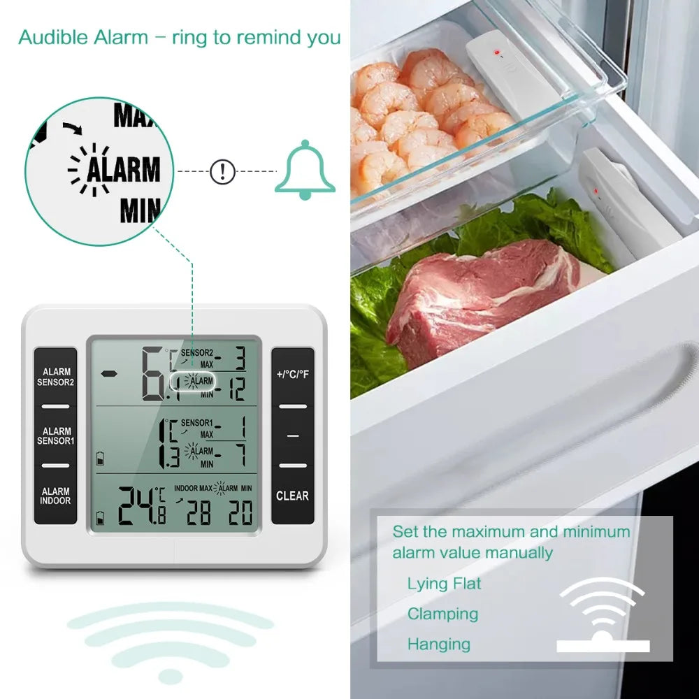 Digital Wireless Fridge and Freezer Thermometer with 2 Indoor Sensors