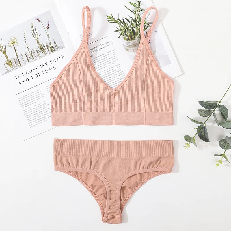 CowLost | product_id-women-seamless-ribbed-wire-free-v-neck-bra-panty-set-with-adjustable-straps-m-l |16