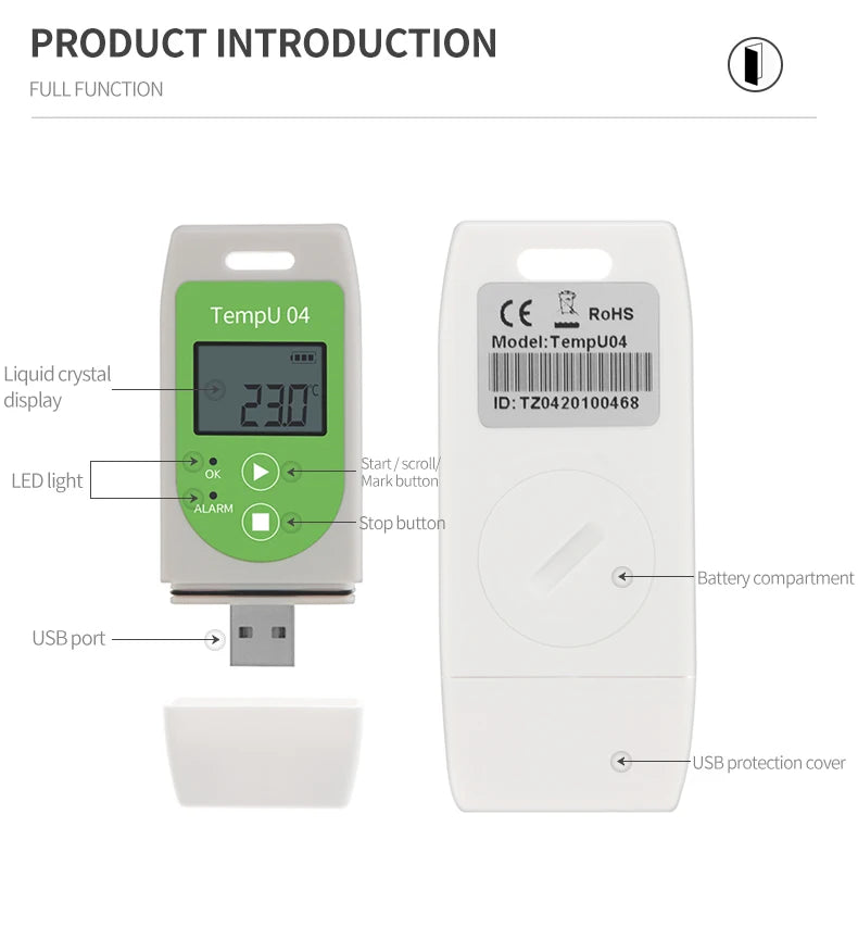 USB Temperature Data Logger Recorder 16000 Points with Built-in NTC Sensor for Warehouse and Refrigerated Transport