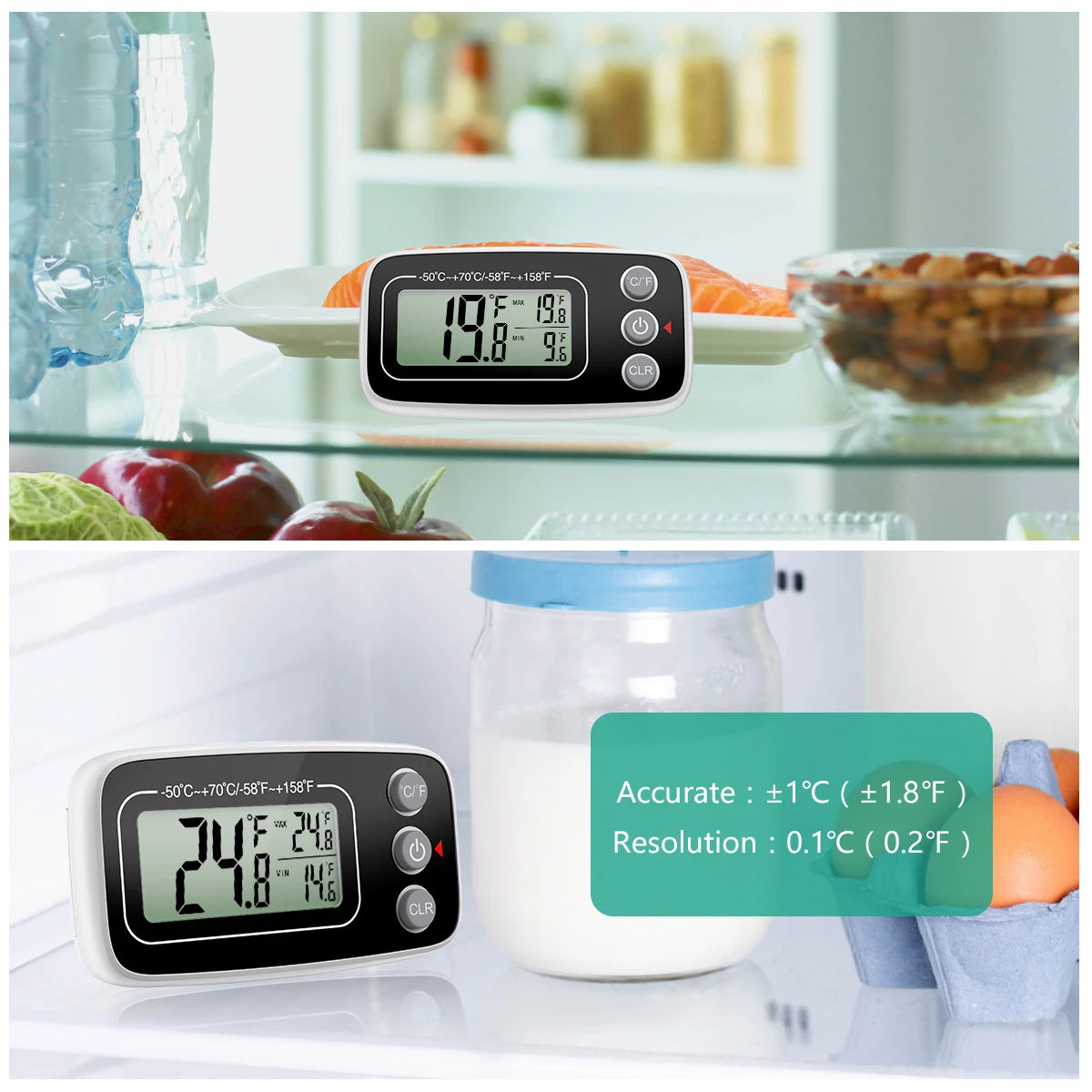 ORIA 2pcs Digital Waterproof Refrigerator Thermometer with Magnet and Hook, Max/Min Record