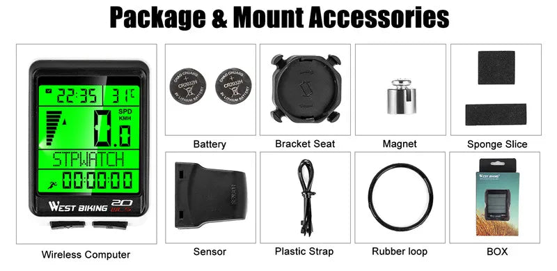 CowLost | west-biking-led-waterproof-bicycle-computer-wireless-5-language-cycling-bike-odometer-stopwatch-speedometer-2-1in-bike-computer |10