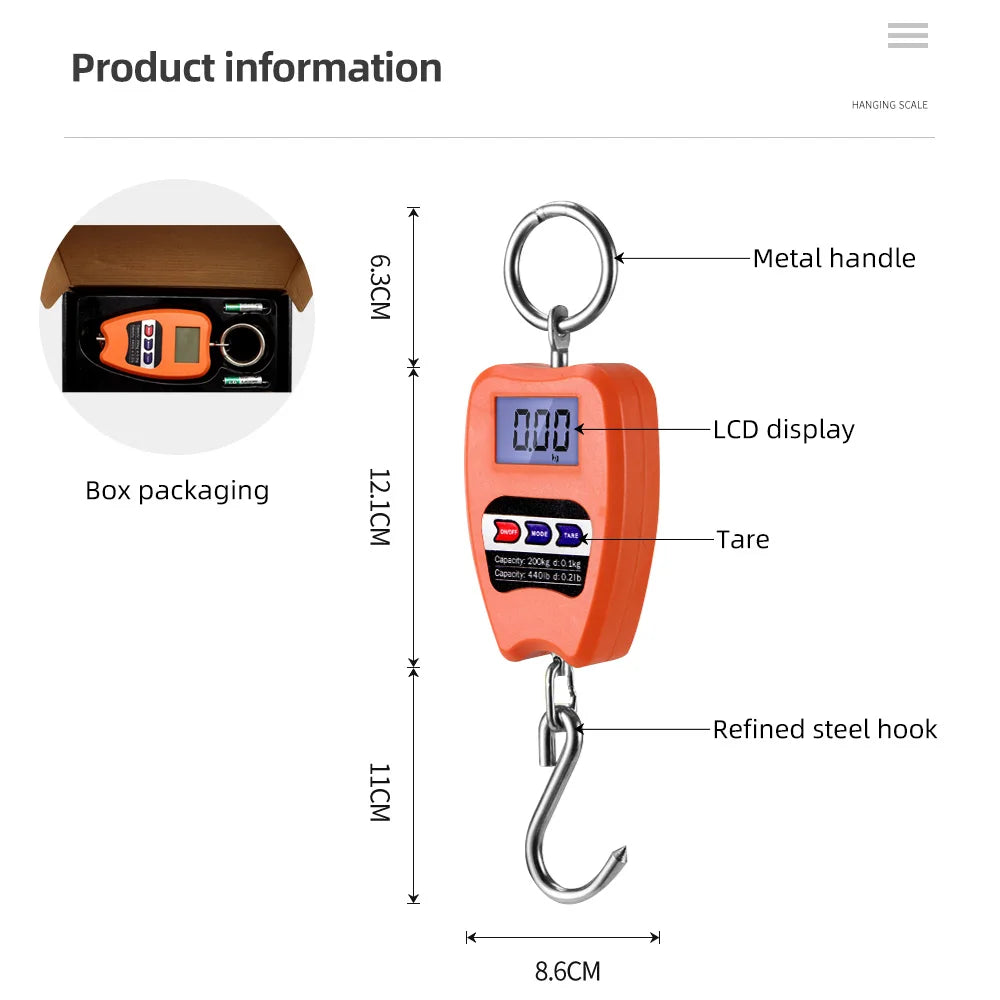 200kg 50g Digital Industrial Hanging Crane Scale Heavy Duty Hook Weighing Scale