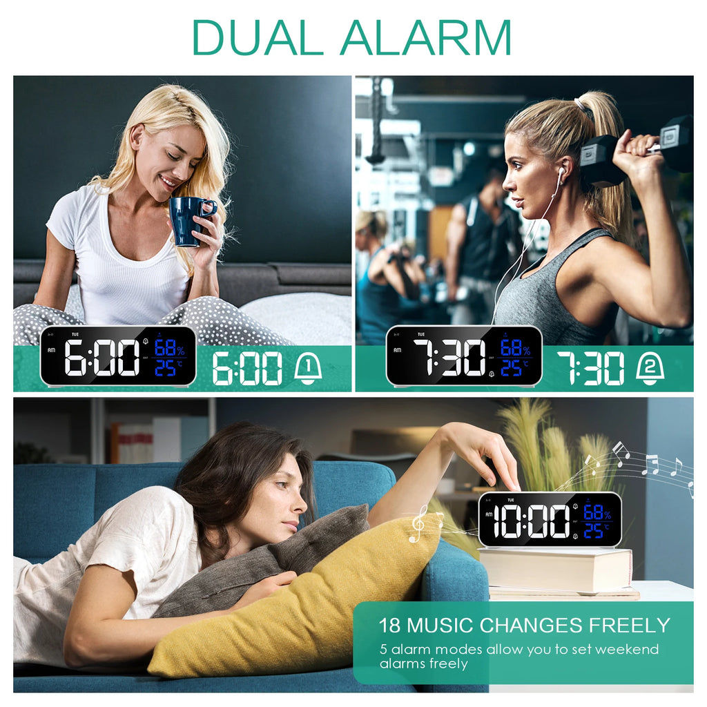ORIA Rechargeable LED Mirror Alarm Clock with Music, Voice Control & Adjustable Brightness for Home Office Bedroom