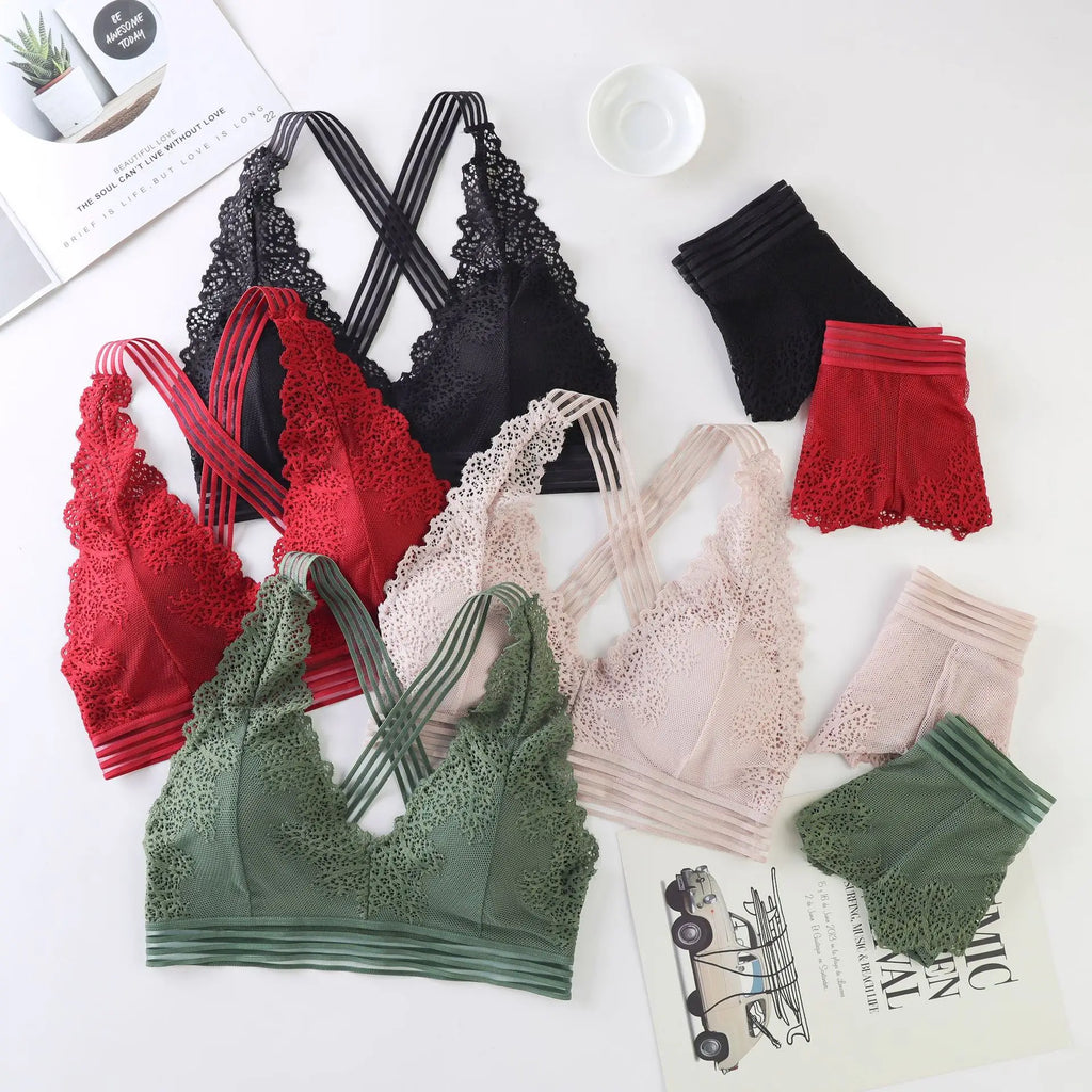 CowLost | deep-v-lace-bras-women-sexy-lingerie-set-nonwire-bra-low-waist-briefs-padded-underwear-female-floral-lace-bra-panties-set |1