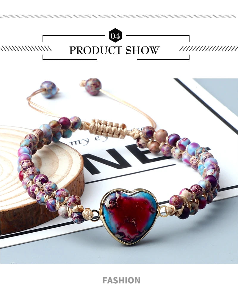 CowLost | badge-pass-holders-natural-stone-heart-shape-charm-bracelet-unisex-adjustable |10