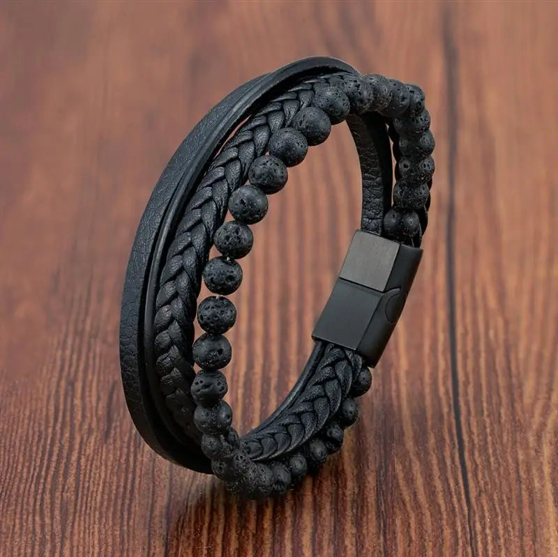 CowLost | fashion-volcanic-stone-beaded-mutilayer-leather-bracelet-for-men |7