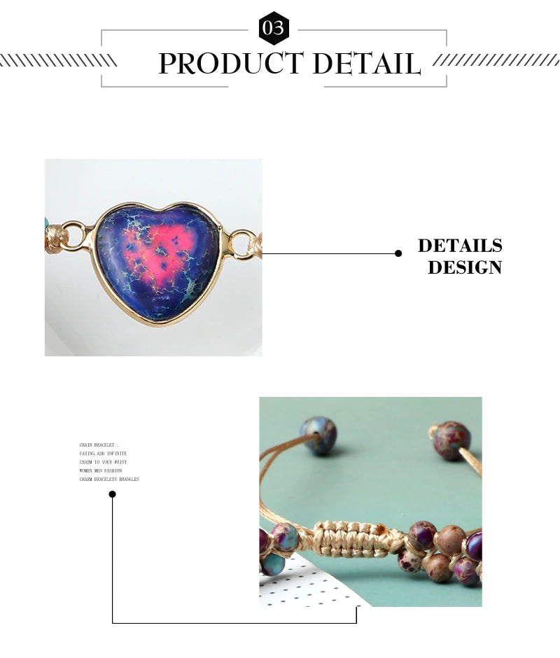 CowLost | badge-pass-holders-natural-stone-heart-shape-charm-bracelet-unisex-adjustable |9