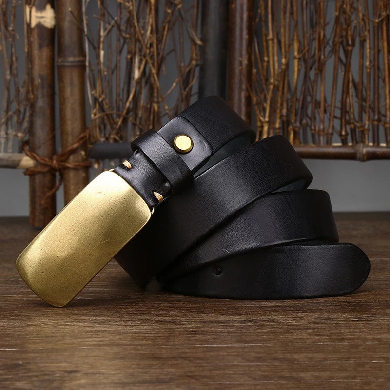 CowLost | 3-3cm-pure-cowskin-men-belt-high-quality-genuine-leather-smooth-brass-buckle-strap |17