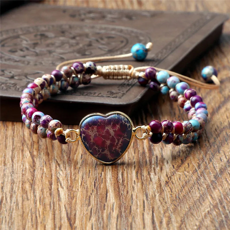 CowLost | badge-pass-holders-natural-stone-heart-shape-charm-bracelet-unisex-adjustable |14