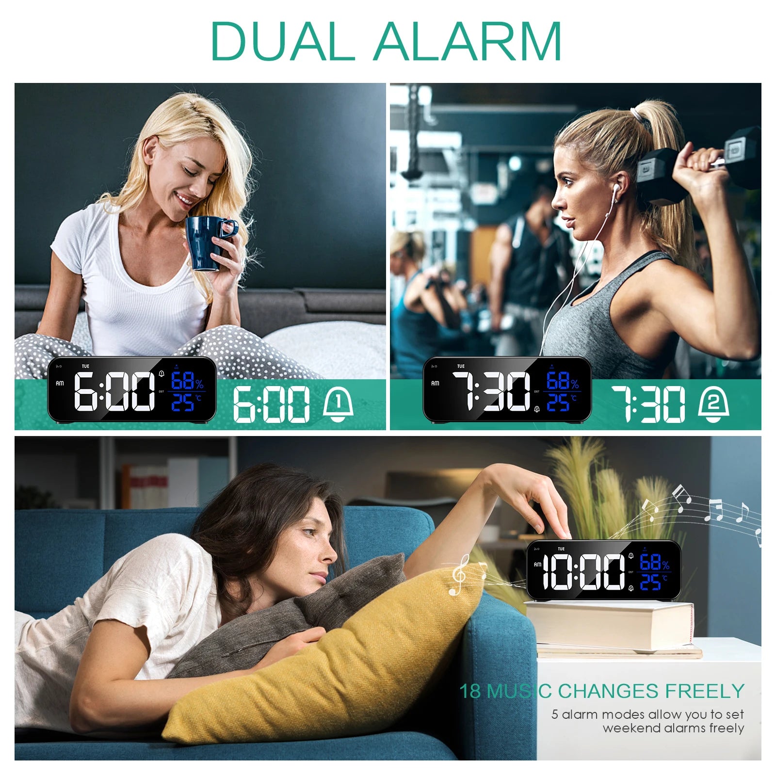 ORIA Rechargeable LED Mirror Alarm Clock with Music, Voice Control & Adjustable Brightness for Home Office Bedroom