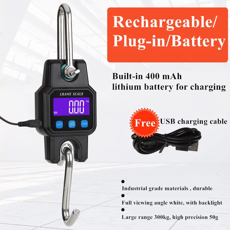 JUANJUAN Digital Crane Scale 300kg-500kg Heavy Duty Hanging Hook Portable Stainless Steel