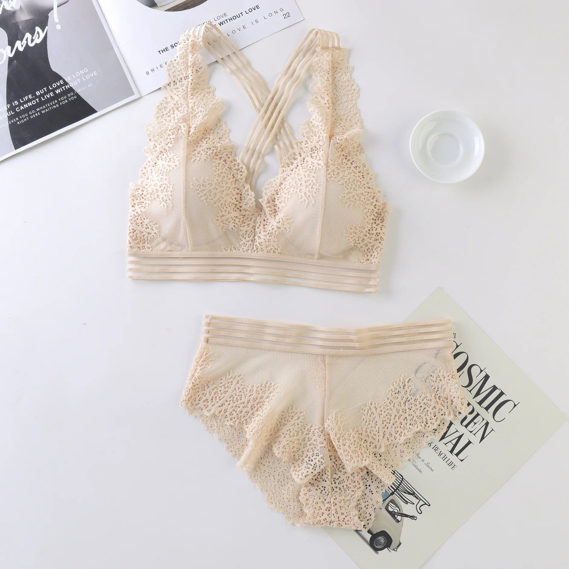 CowLost | deep-v-lace-bras-women-sexy-lingerie-set-nonwire-bra-low-waist-briefs-padded-underwear-female-floral-lace-bra-panties-set |4