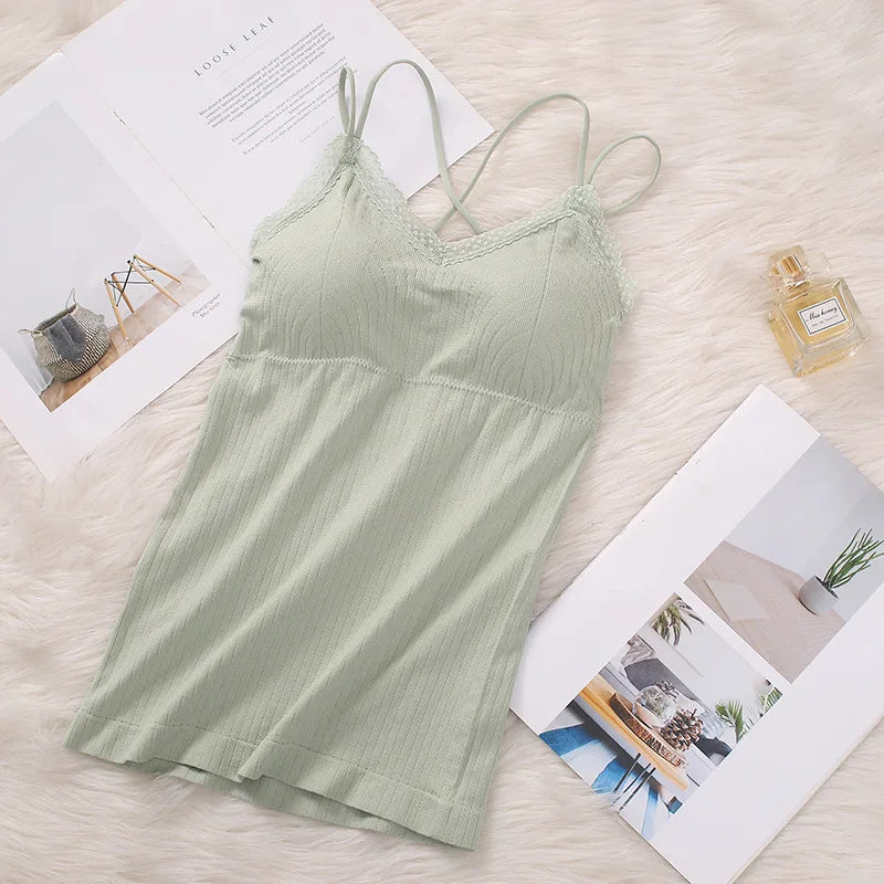 CowLost | product_id-women-seamless-wireless-padded-v-neck-lace-trim-cross-strap-camisole-tank-top |10