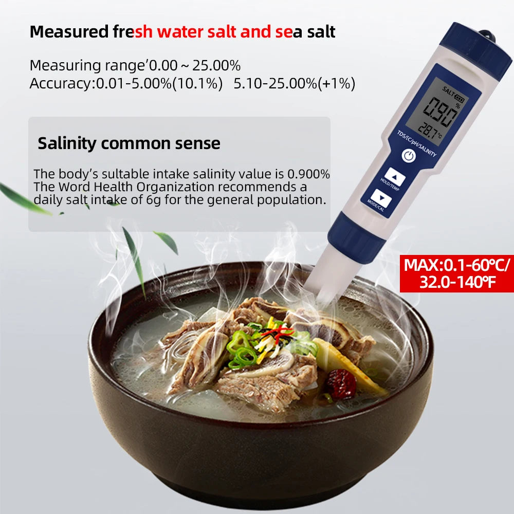5-in-1 EC TDS Salinity Temperature pH Water Quality Tester with ATC for Food, Beverages, Aquarium, Seawater