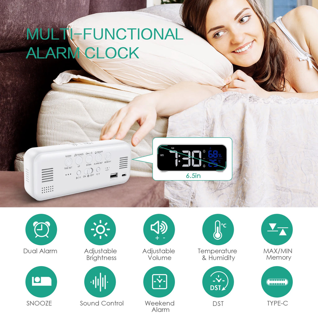 ORIA Rechargeable LED Mirror Alarm Clock with Music, Voice Control & Adjustable Brightness for Home Office Bedroom