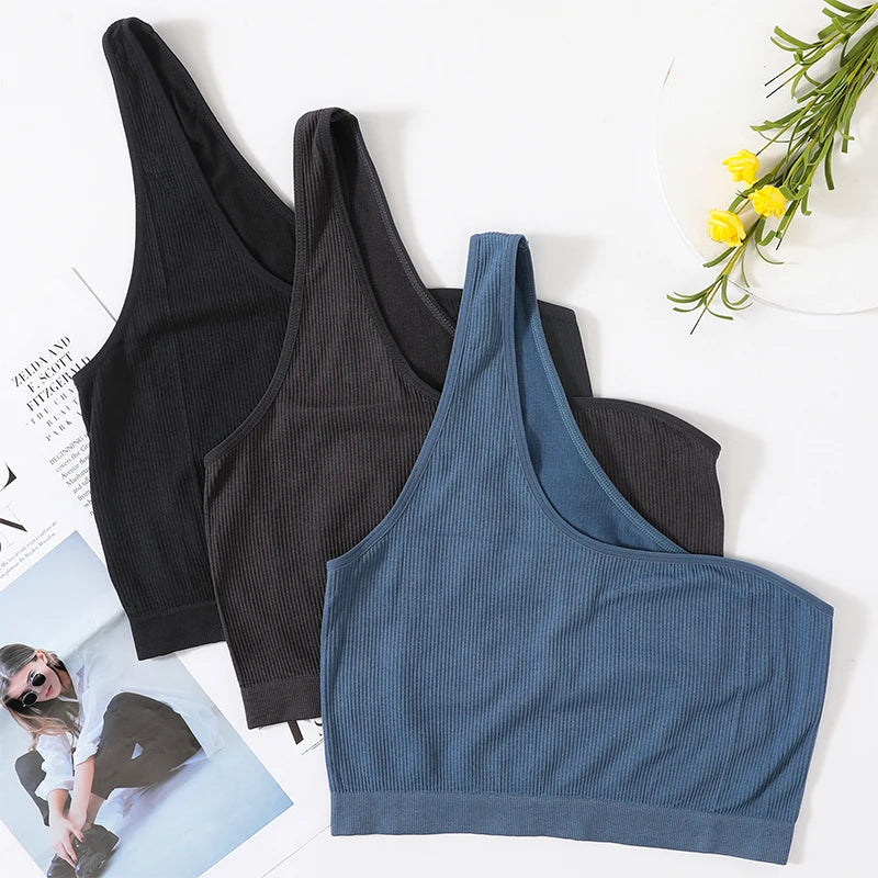 CowLost | one-shoulder-tank-tops-women-seamless-underwear-bra-top-female-crop-top-sexy-lingerie-ribbed-streetwear-camisole |1
