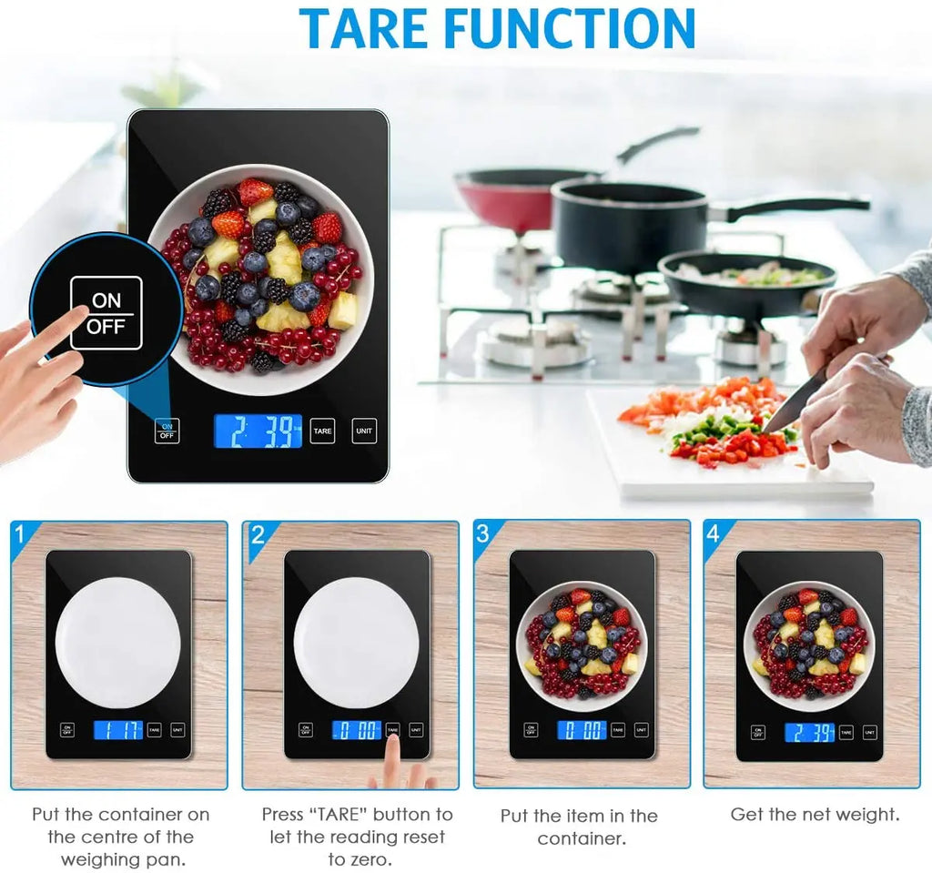 Digital Kitchen Scale 1g-10kg Waterproof Tempered Glass High Accuracy Multi-Function