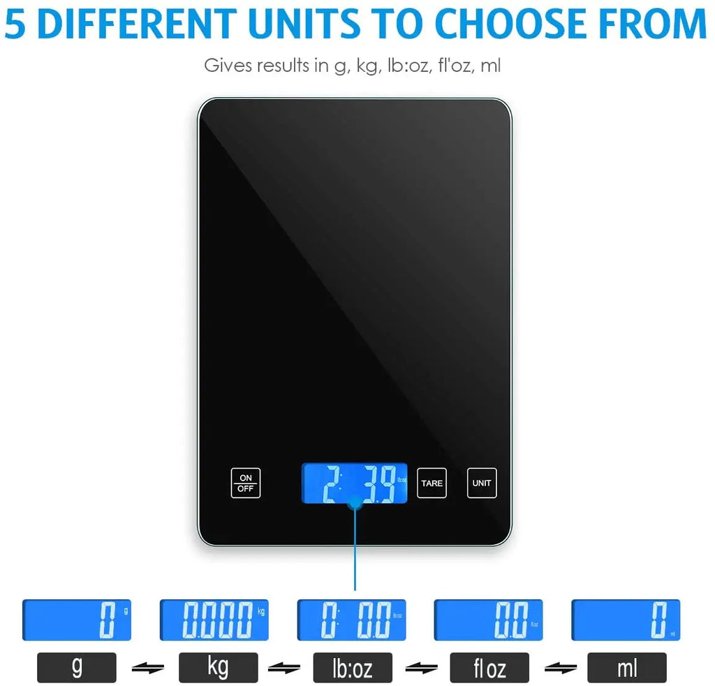 Digital Kitchen Scale 1g-10kg Waterproof Tempered Glass High Accuracy Multi-Function