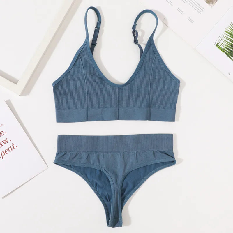 CowLost | product_id-women-seamless-ribbed-wire-free-v-neck-bra-panty-set-with-adjustable-straps-m-l |14