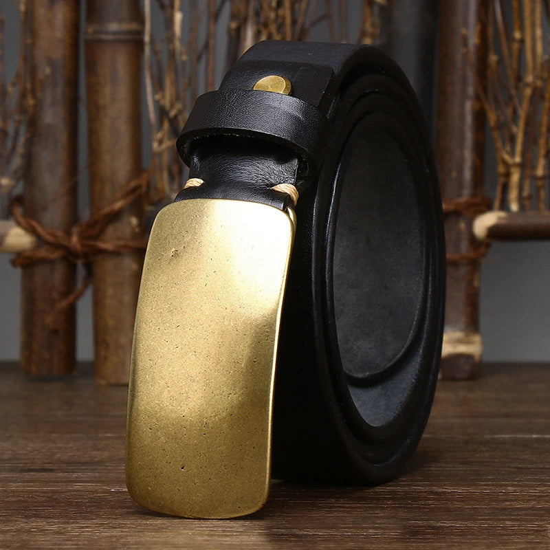 CowLost | 3-3cm-pure-cowskin-men-belt-high-quality-genuine-leather-smooth-brass-buckle-strap |15