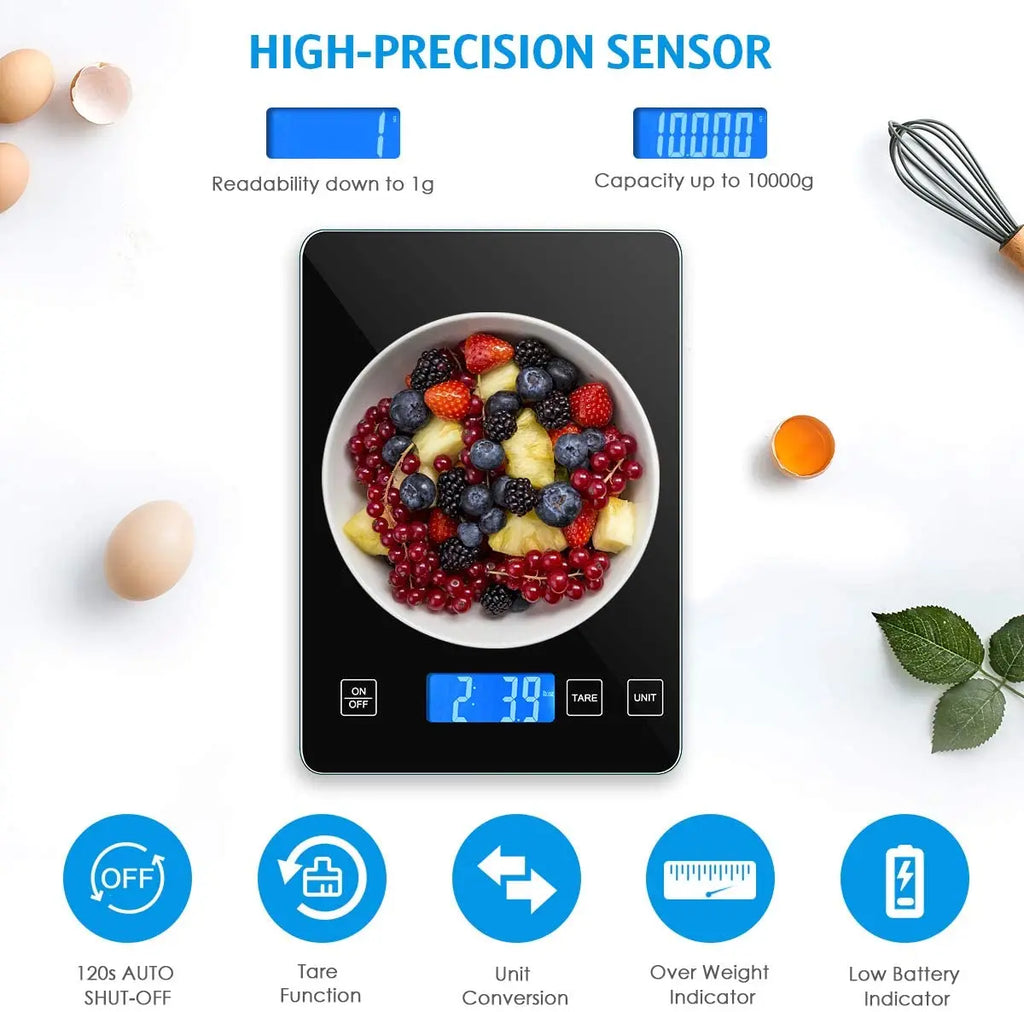 Digital Kitchen Scale 1g-10kg Waterproof Tempered Glass High Accuracy Multi-Function
