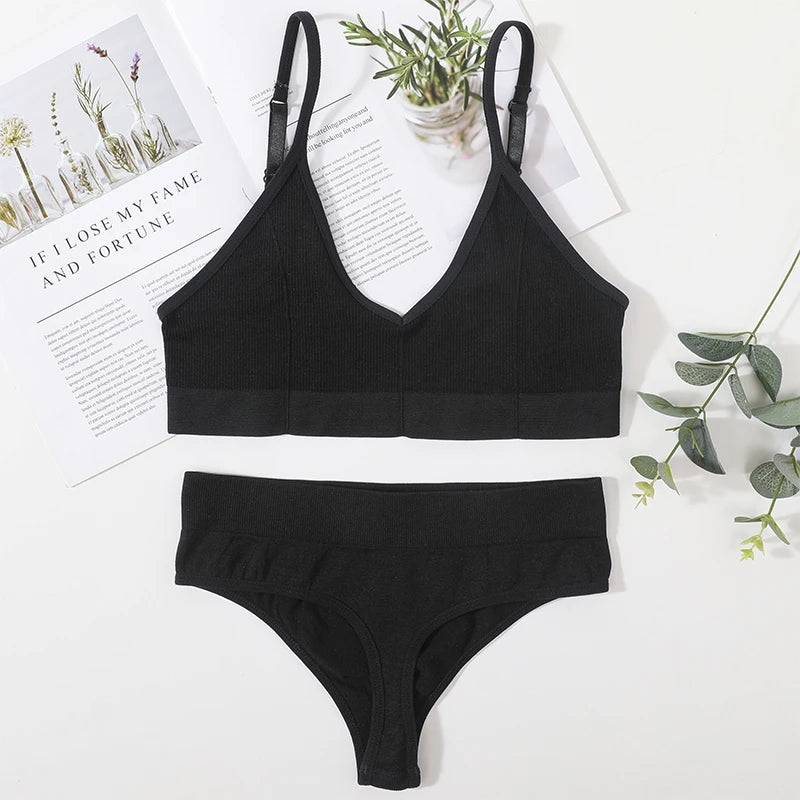 CowLost | product_id-women-seamless-ribbed-wire-free-v-neck-bra-panty-set-with-adjustable-straps-m-l |13