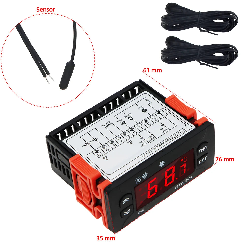ETC-974 Mini Digital Temperature Controller 220V Thermostat Regulator with Dual NTC Sensors