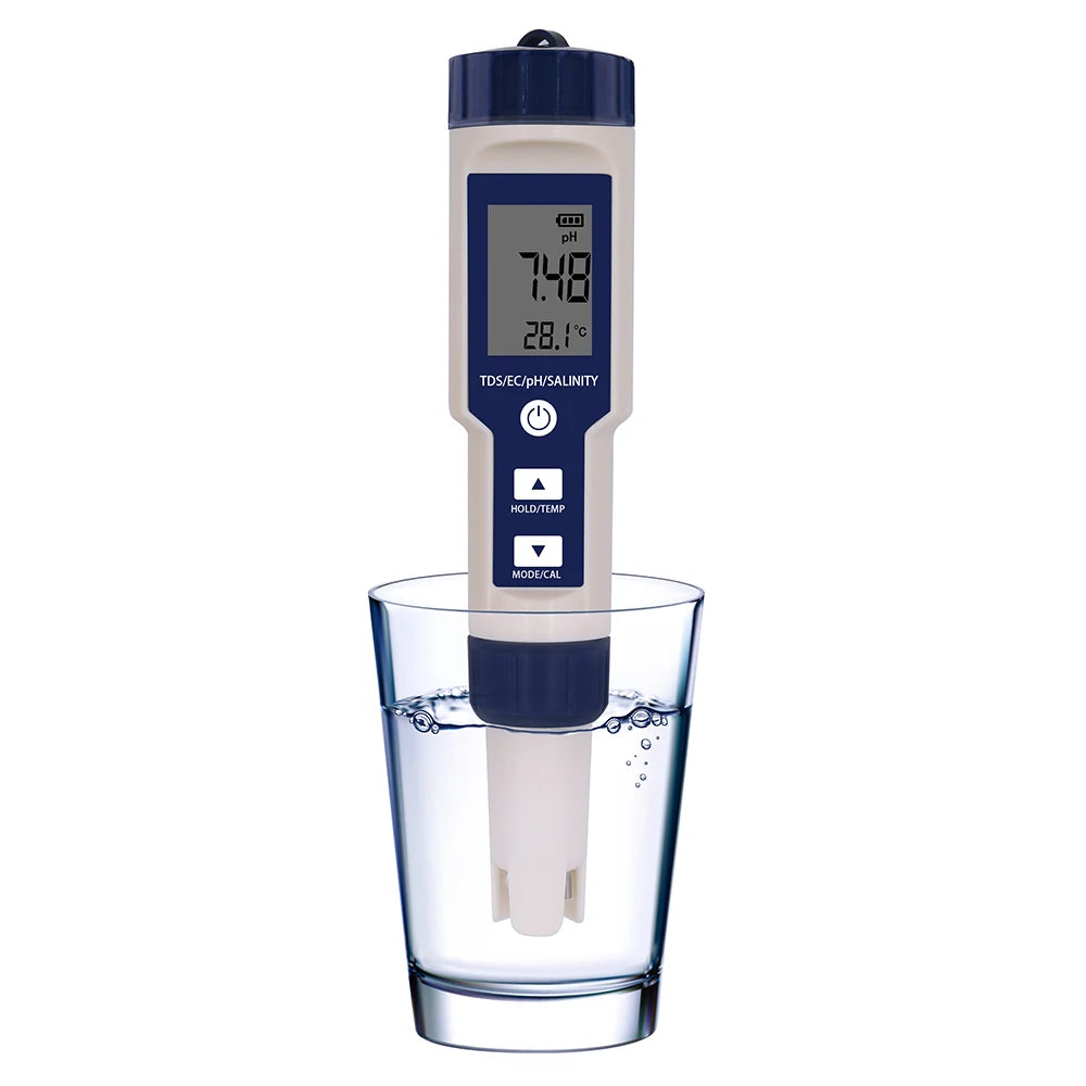 5-in-1 EC TDS Salinity Temperature pH Water Quality Tester with ATC for Food, Beverages, Aquarium, Seawater