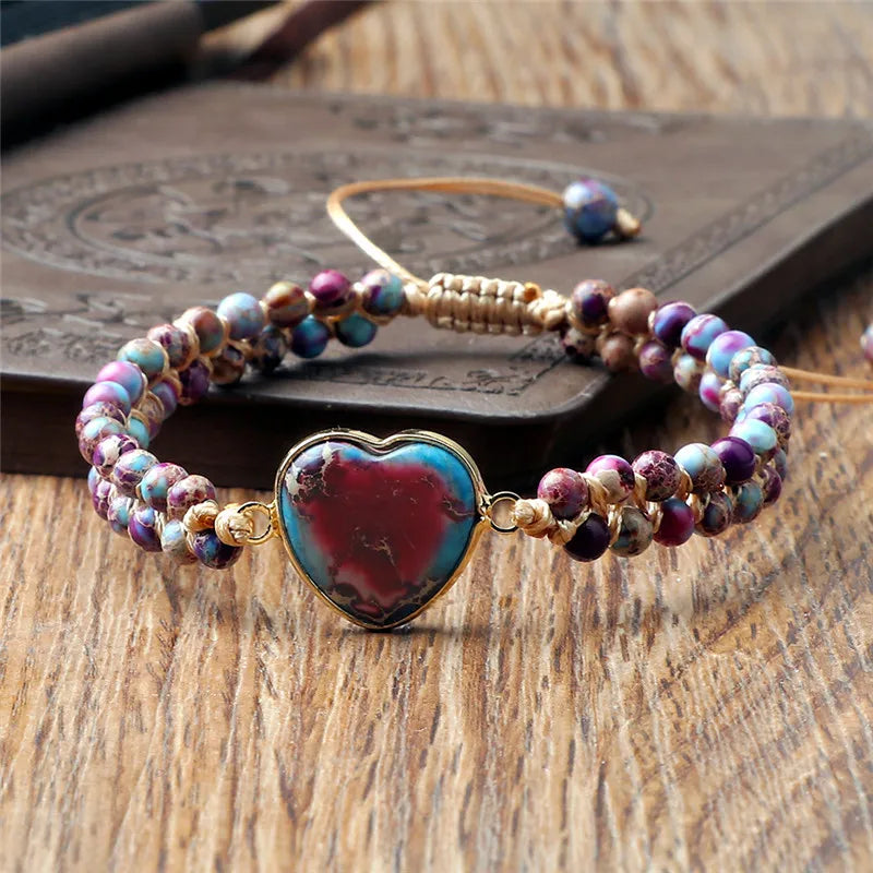 CowLost | badge-pass-holders-natural-stone-heart-shape-charm-bracelet-unisex-adjustable |17