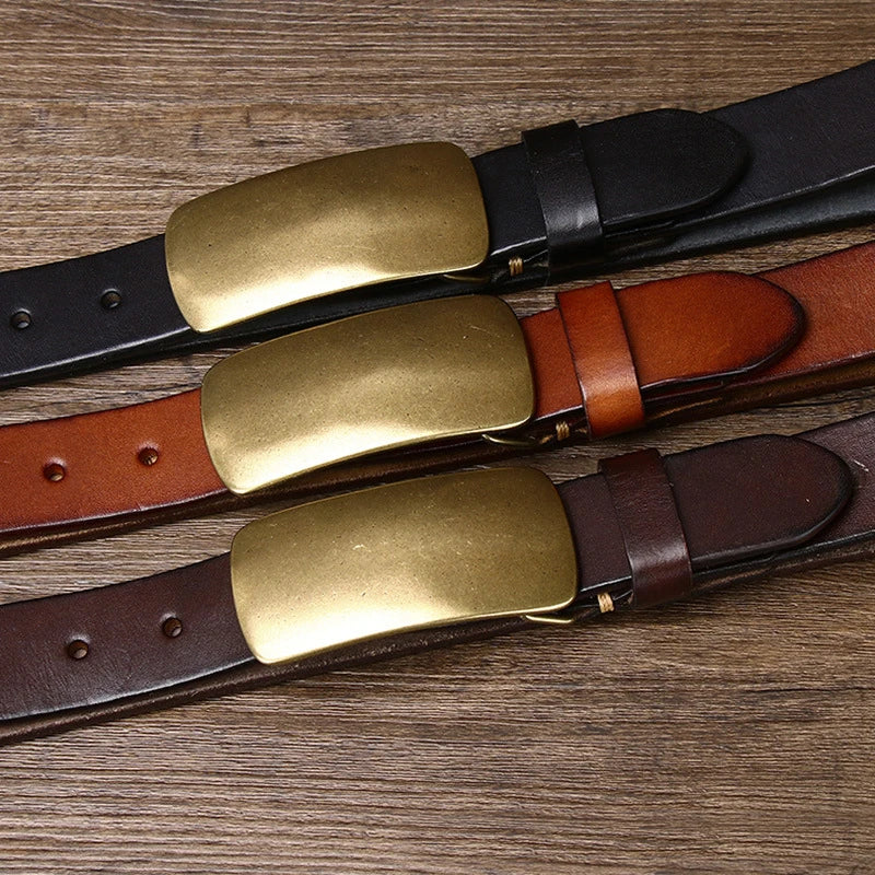 CowLost | 3-3cm-pure-cowskin-men-belt-high-quality-genuine-leather-smooth-brass-buckle-strap |6