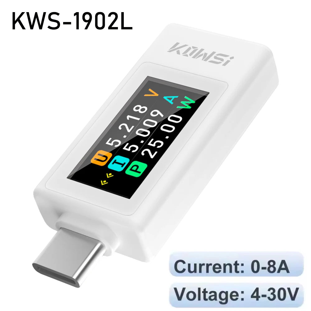 KWS-1902L Type-C Digital Voltmeter Ammeter 4-30V 0-8A Color Screen Power Bank Tester