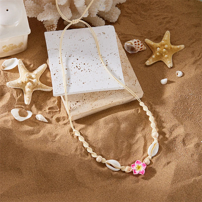 CowLost | bohemia-conch-beads-braided-necklaces-for-women-pink-green-cute-little-daisy-flower-choker-hand-woven-summer-beach-party-jewelry |11
