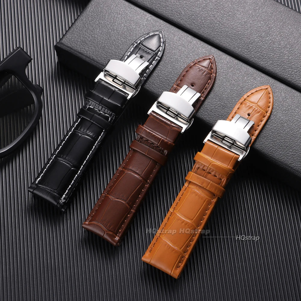 Genuine Leather Bamboo Pattern Watch Strap 14-24mm with Steel Butterfly Buckle Black Brown