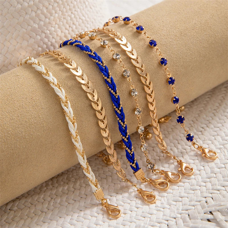 CowLost | 4pcs-set-bohemia-shell-bracelets-for-women-ethnic-style-colorful-zircon-rice-beads-metal-chain-bangles-girl-summer-beach-jewelry |5