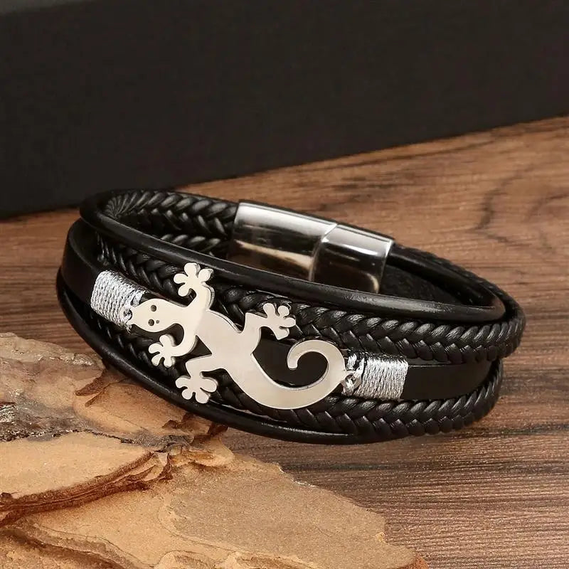 CowLost | jiayiqi-trendy-leather-cord-men-bracelet-metal-animal-gecko-pattern-bracelet |3