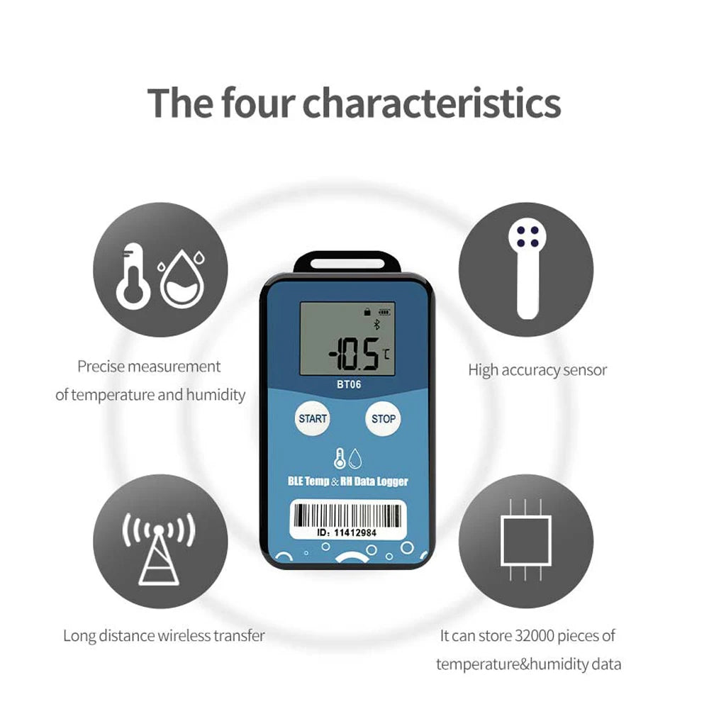 Bluetooth Temperature & Humidity Data Logger with LCD, Wireless Long-Range PDF Report Recorder for Delivery