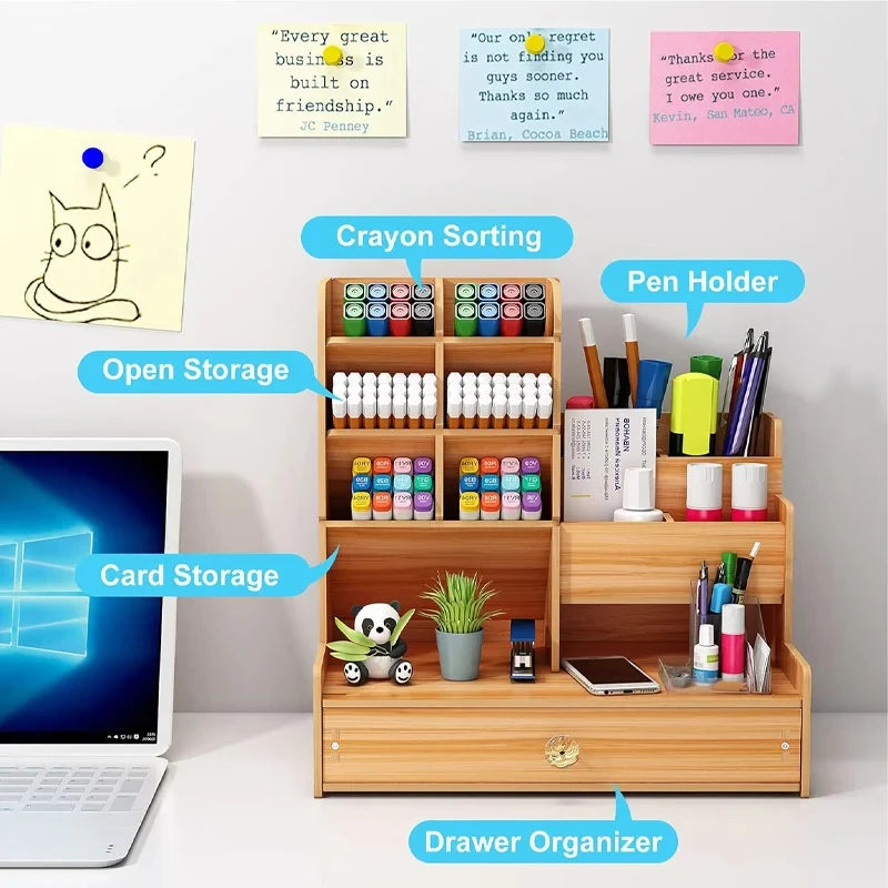 CowLost | wooden-desk-organiser-diy-desktop-tidy-pen-holder-large-capacity-stationery-storage-box-with-drawer-for-home-office-and-school |5