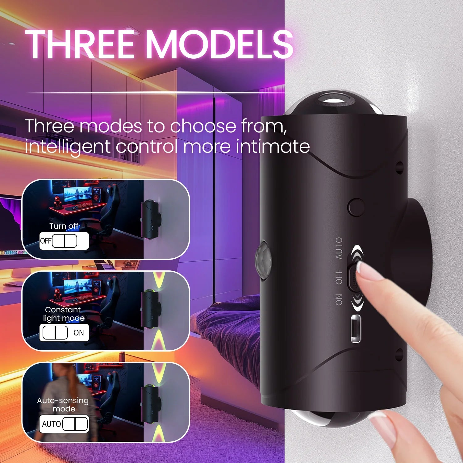 Rechargeable Motion Sensor Night Light with 3 Modes & 8 LED Effects for Indoor Use