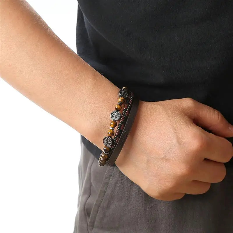 CowLost | high-quality-leather-bracelet-men-classic-fashion-tiger-eye-beaded-multi-layer |16