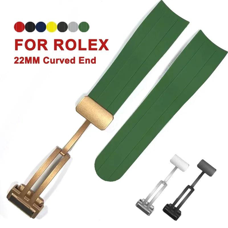 22mm Silicone Rubber Strap for Rolex Watch with Magnetic Folding Buckle Replacement Wristband Curved End