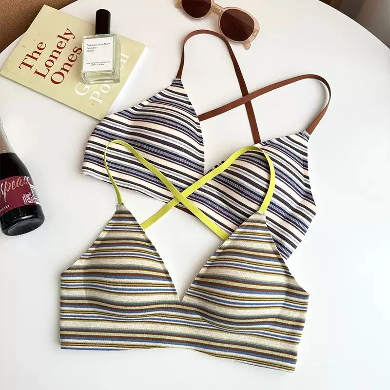 CowLost | retro-striped-cross-beautiful-back-seamless-womens-underwear-sexy-hot-girl-vacation-small-breast-push-up-bra |1