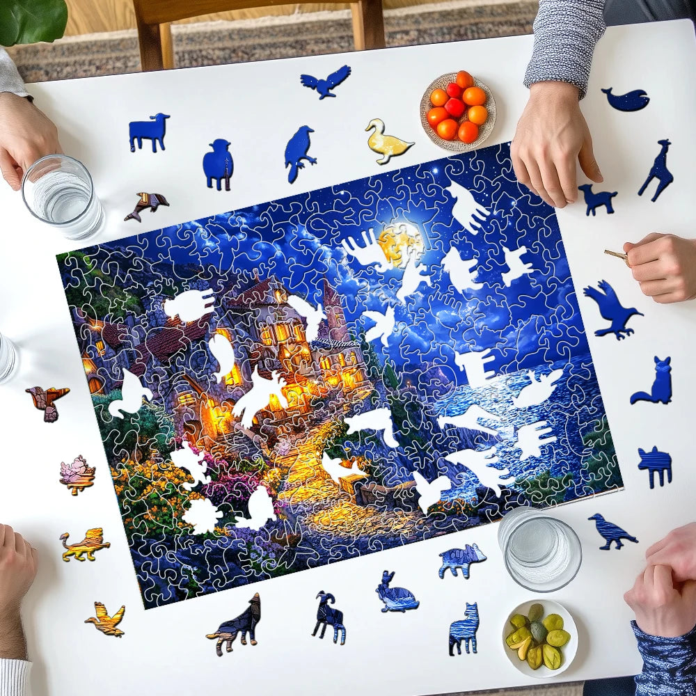 CowLost | product_id-moonlit-coastal-castle-wooden-jigsaw-puzzle-with-animal-shaped-pieces-for-adults-gift |5