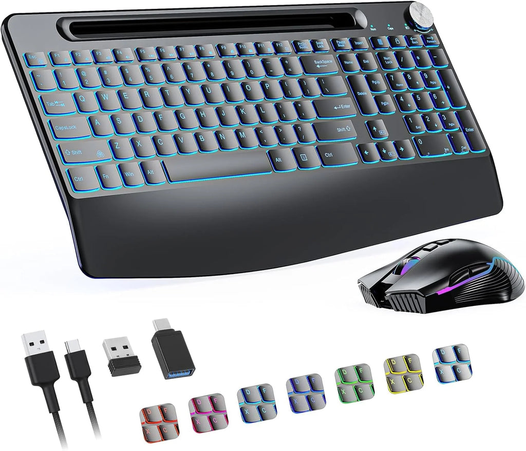 CowLost | product_id-rechargeable-7-color-backlit-full-size-keyboard-with-slot-wrist-rest-volume-knob-mouse-set |6